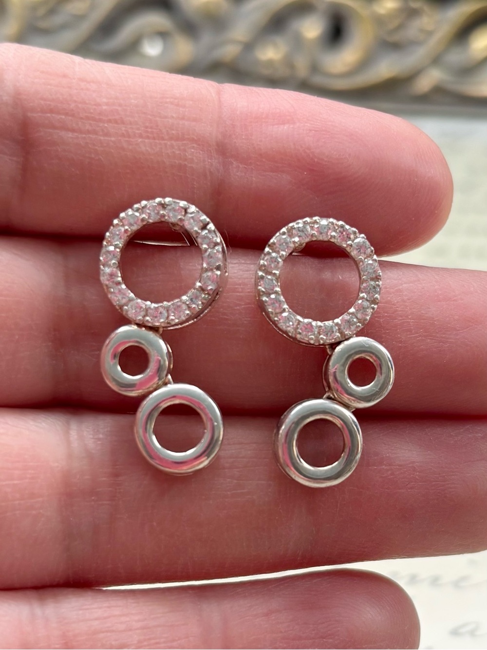 Sterling Silver Circle Drop Earrings with Cubic Zirconia Accent Stud Backings